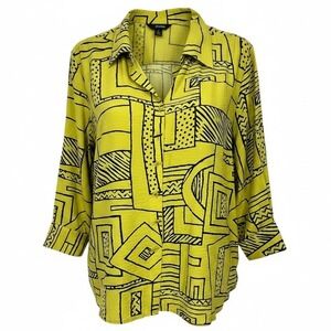 Ali Miles Women's 3X Yellow Black Geometric Wire Collar Button Up Shirt Top NEW